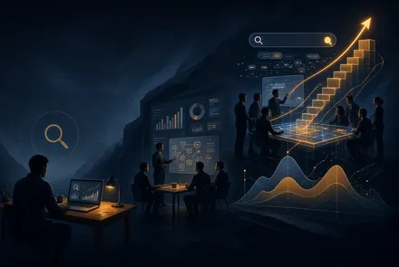 Equipe de marketing analisa gráficos de SEO e uma seta de crescimento em um painel digital