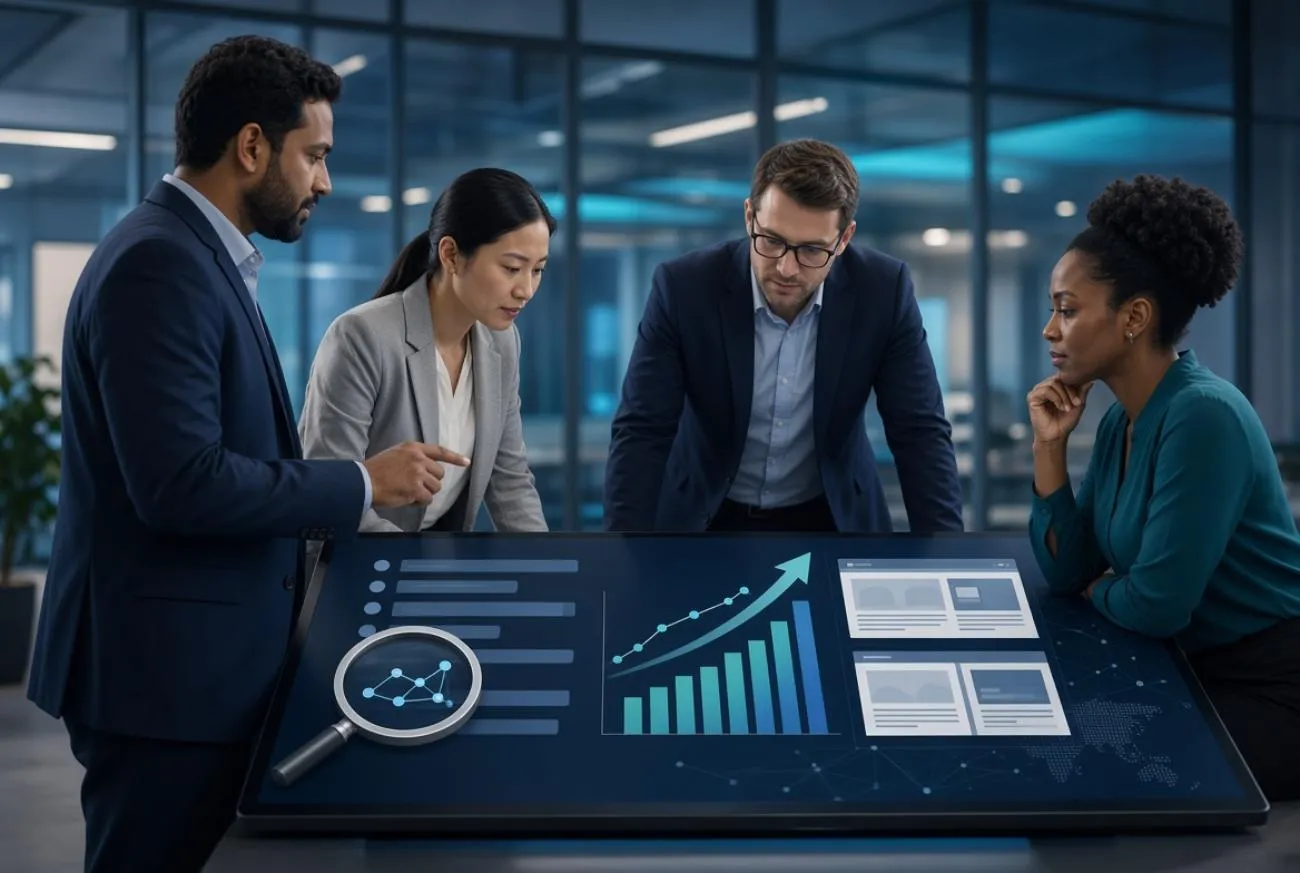 Quatro profissionais reunidos analisam gráficos de SEO em uma mesa digital com lupa, gráfico de crescimento e páginas de site