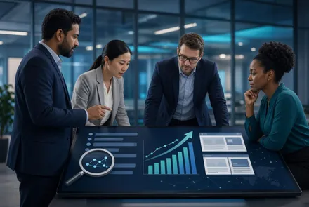 Quatro profissionais reunidos analisam gráficos de SEO em uma mesa digital com lupa, gráfico de crescimento e páginas de site