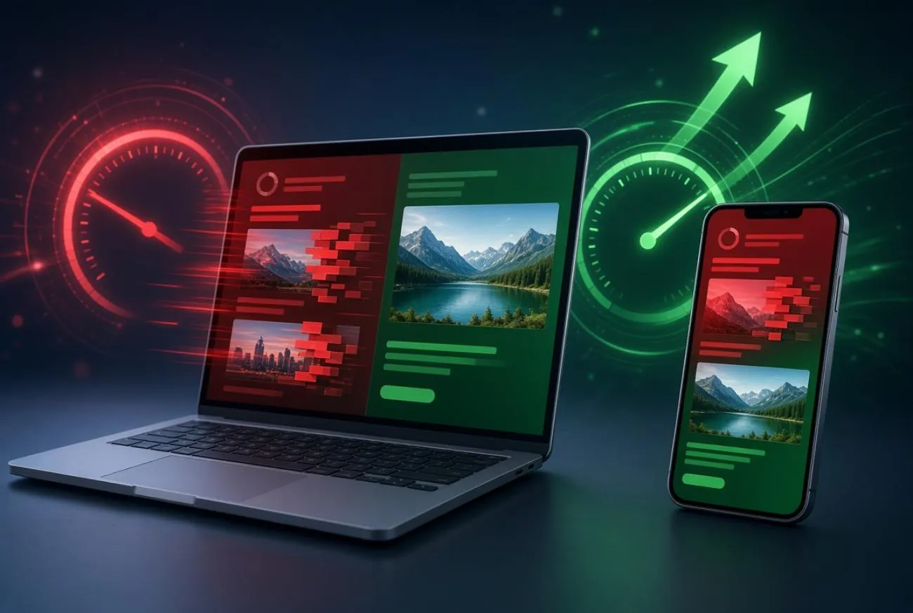 Notebook e celular mostrando um site dividido entre o lado vermelho lento e o verde rápido, com velocímetros e setas de crescimento
