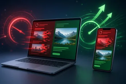 Notebook e celular mostrando um site dividido entre o lado vermelho lento e o verde rápido, com velocímetros e setas de crescimento