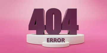 Número 404 em 3D sobre um pódio branco com a palavra ERROR, em fundo rosa