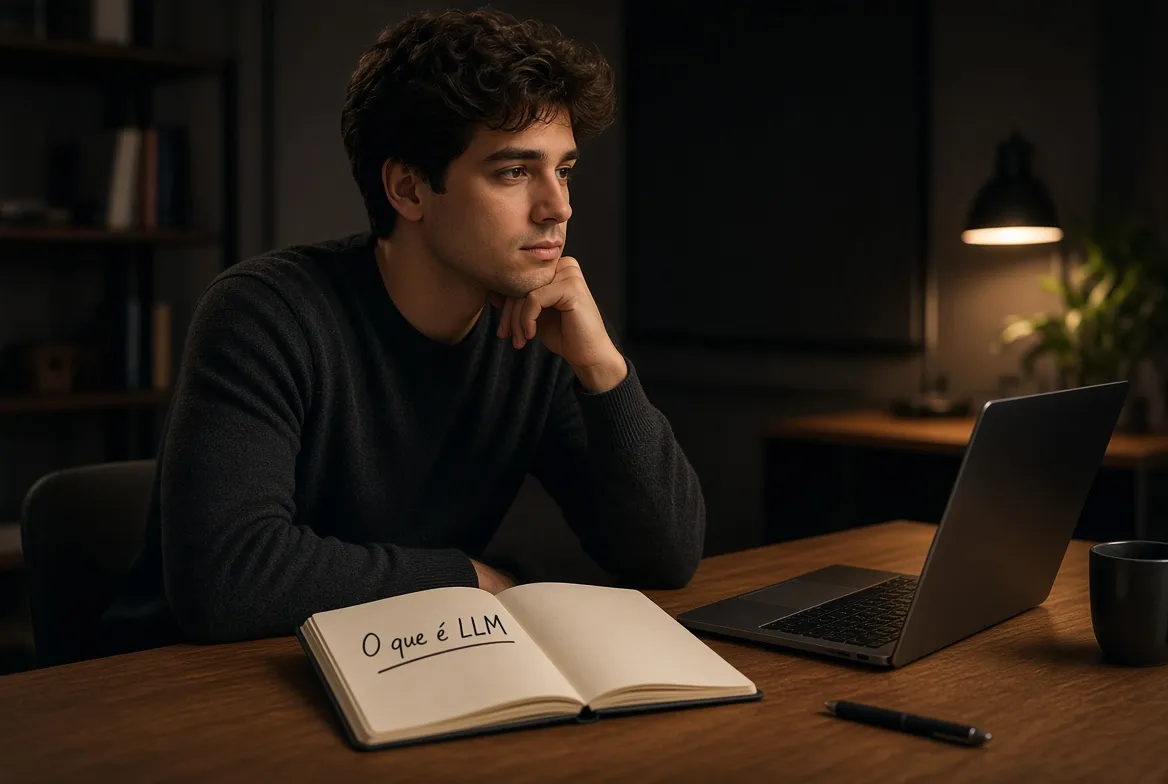 Homem pensativo à mesa com um laptop e um caderno aberto escrito O que é LLM