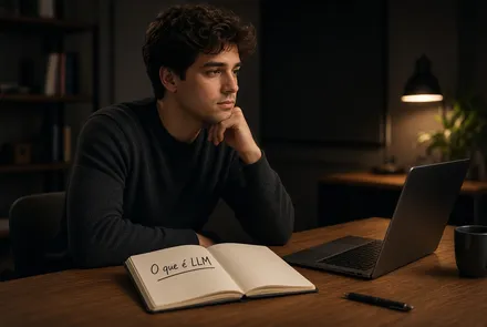 Homem pensativo à mesa com um laptop e um caderno aberto escrito O que é LLM