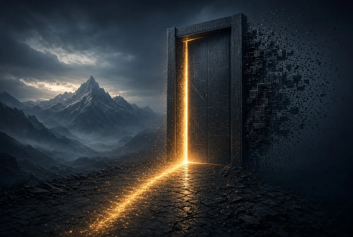 Porta imponente entreaberta com luz dourada saindo por uma fresta, em paisagem escura de montanhas, representando o controle de acesso ao site