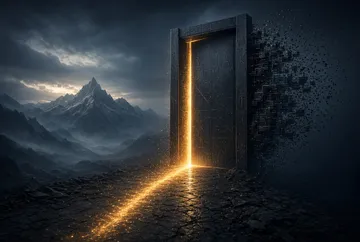 Porta imponente entreaberta com luz dourada saindo por uma fresta, em paisagem escura de montanhas, representando o controle de acesso ao site
