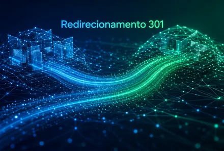 Ilustração digital de dados fluindo de um conjunto de prédios azuis para outro verde, representando um redirecionamento 301