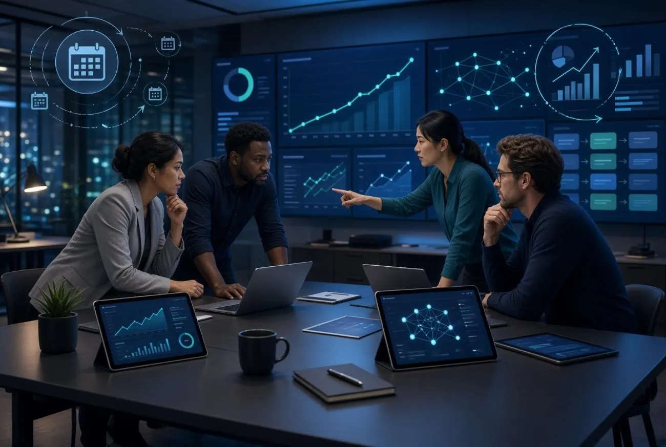 Quatro profissionais discutem relatórios de SEO em uma sala com painéis de gráficos, tablets e laptops mostrando dados de desempenho
