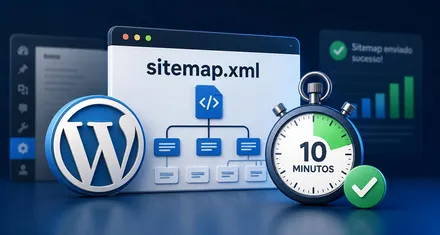 Logo do WordPress, uma janela sitemap.xml com diagrama de páginas em árvore, um cronômetro marcando 10 minutos e um sinal de confirmação