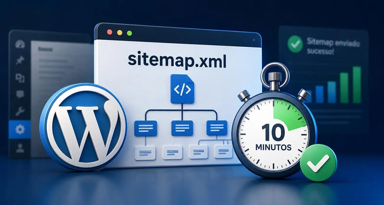 Logo do WordPress, uma janela sitemap.xml com diagrama de páginas em árvore, um cronômetro marcando 10 minutos e um sinal de confirmação